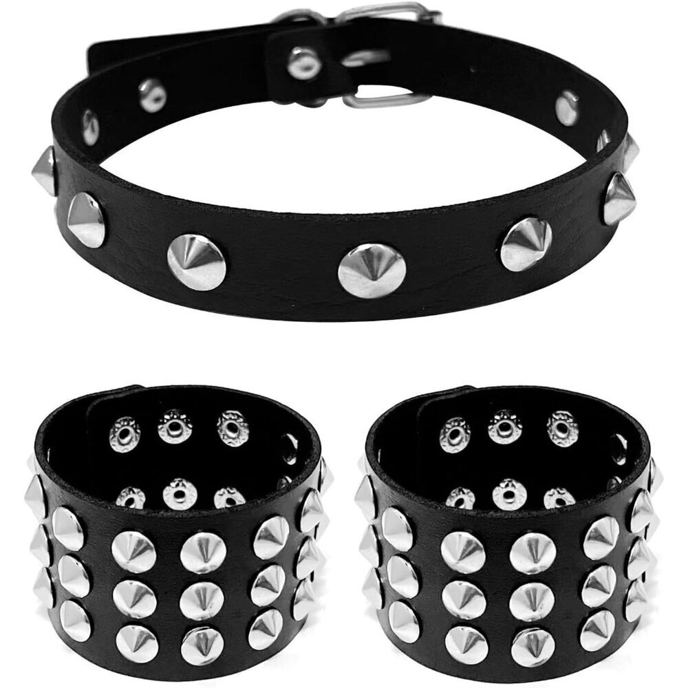 Studded Faux Leather Choker and Bracelets Set for Punk Goth Emo Scene
